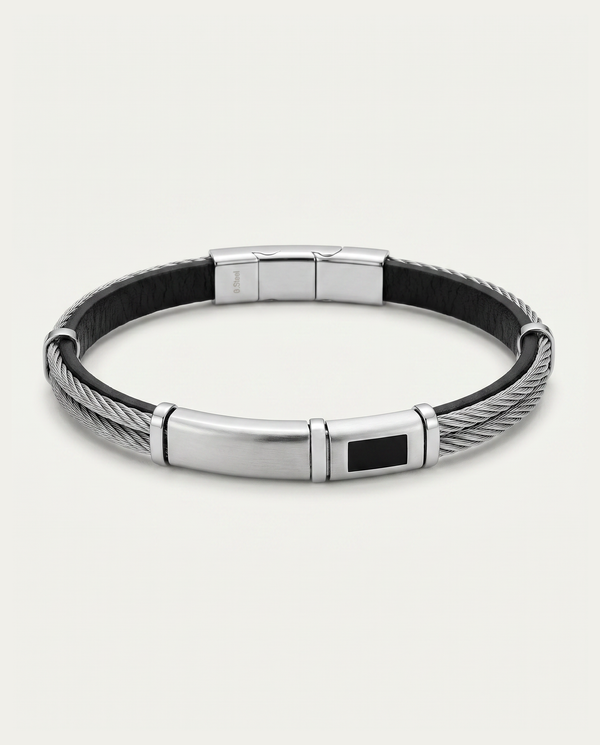men's black leather ID bracelet