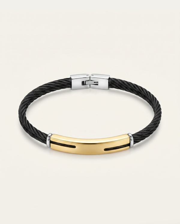 men's black leather and steel ID bracelet