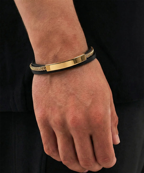 Close-up of triple band leather bracelet with beads