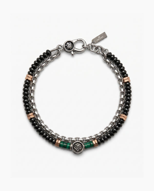A men's multi-strand bracelet featuring black faceted beads, silver-tone chain links, rose gold spacer beads, and green accent beads, with a round medallion charm and lobster clasp closure.