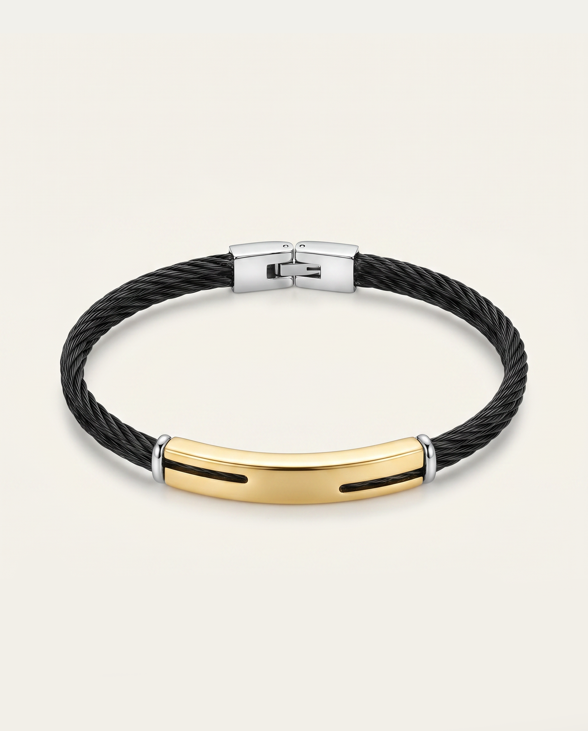 men's black leather and steel ID bracelet