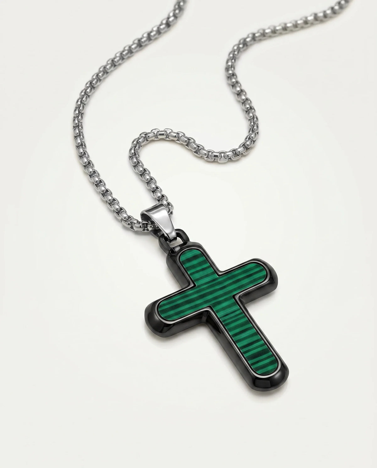 Black men's cross pendant with green malachite detail