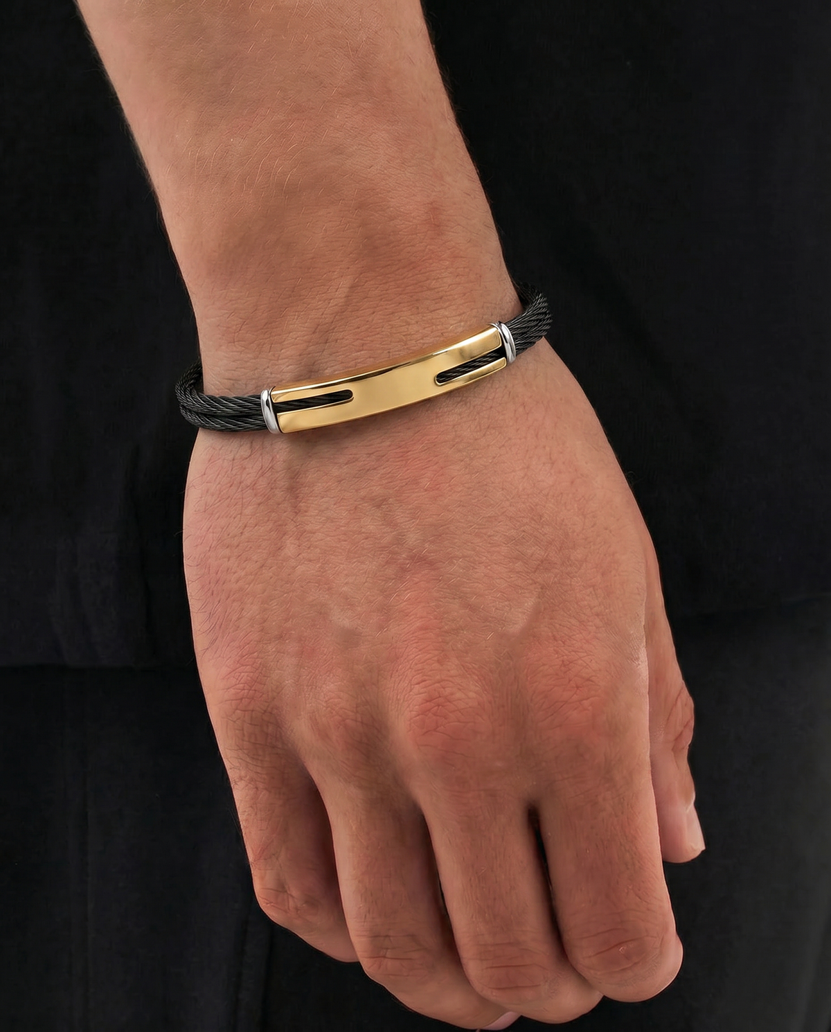 Men's black leather ID bracelet with steel detail by
