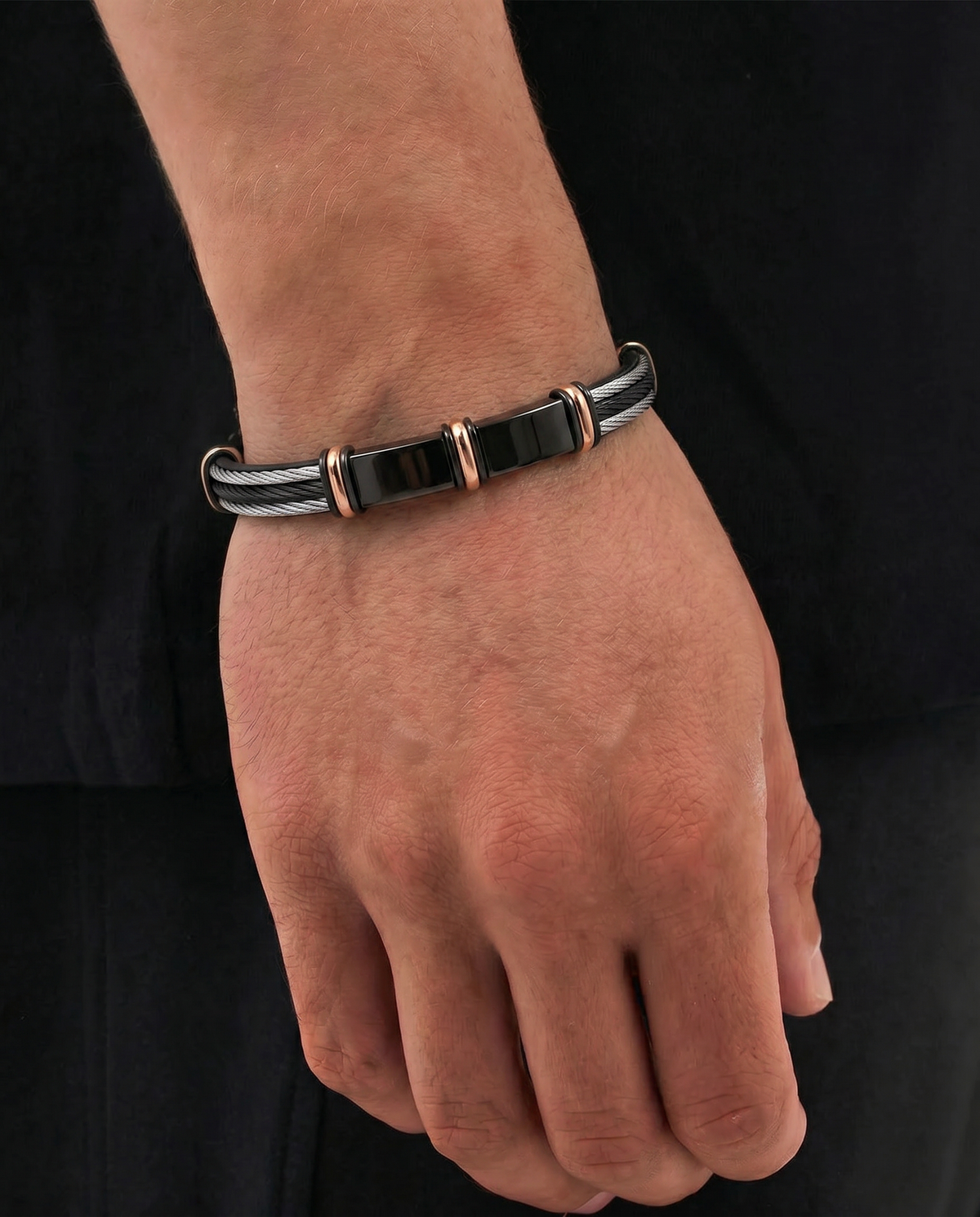 Men's black leather ID bracelet by