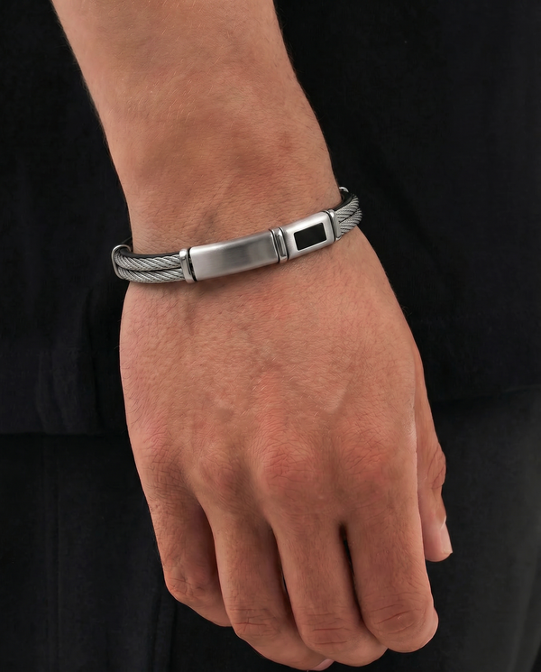 Men's black leather ID bracelet by