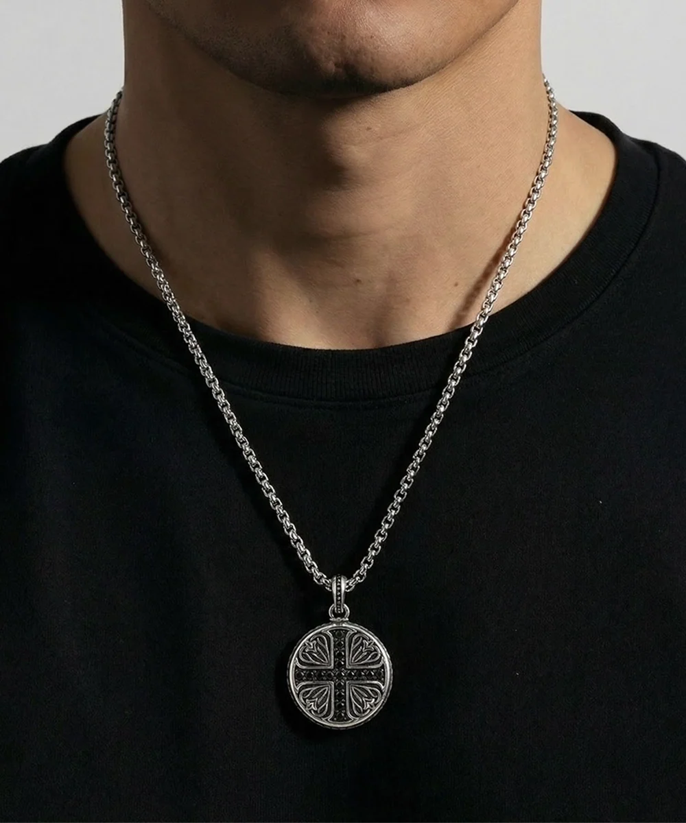 Men's stainless steel cross necklace with 24-inch round box chain