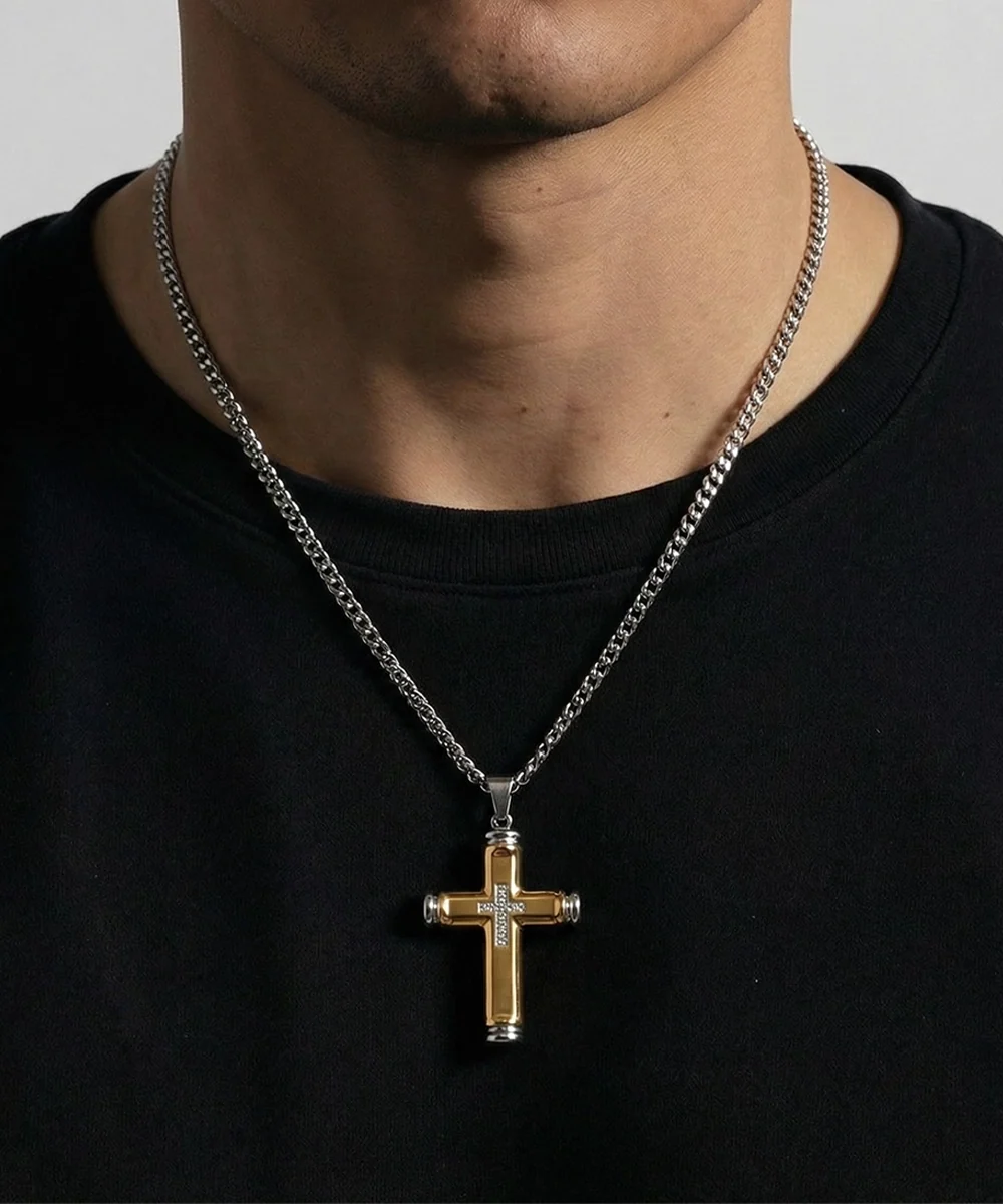 Close-up of white cubic zirconia cross pendant