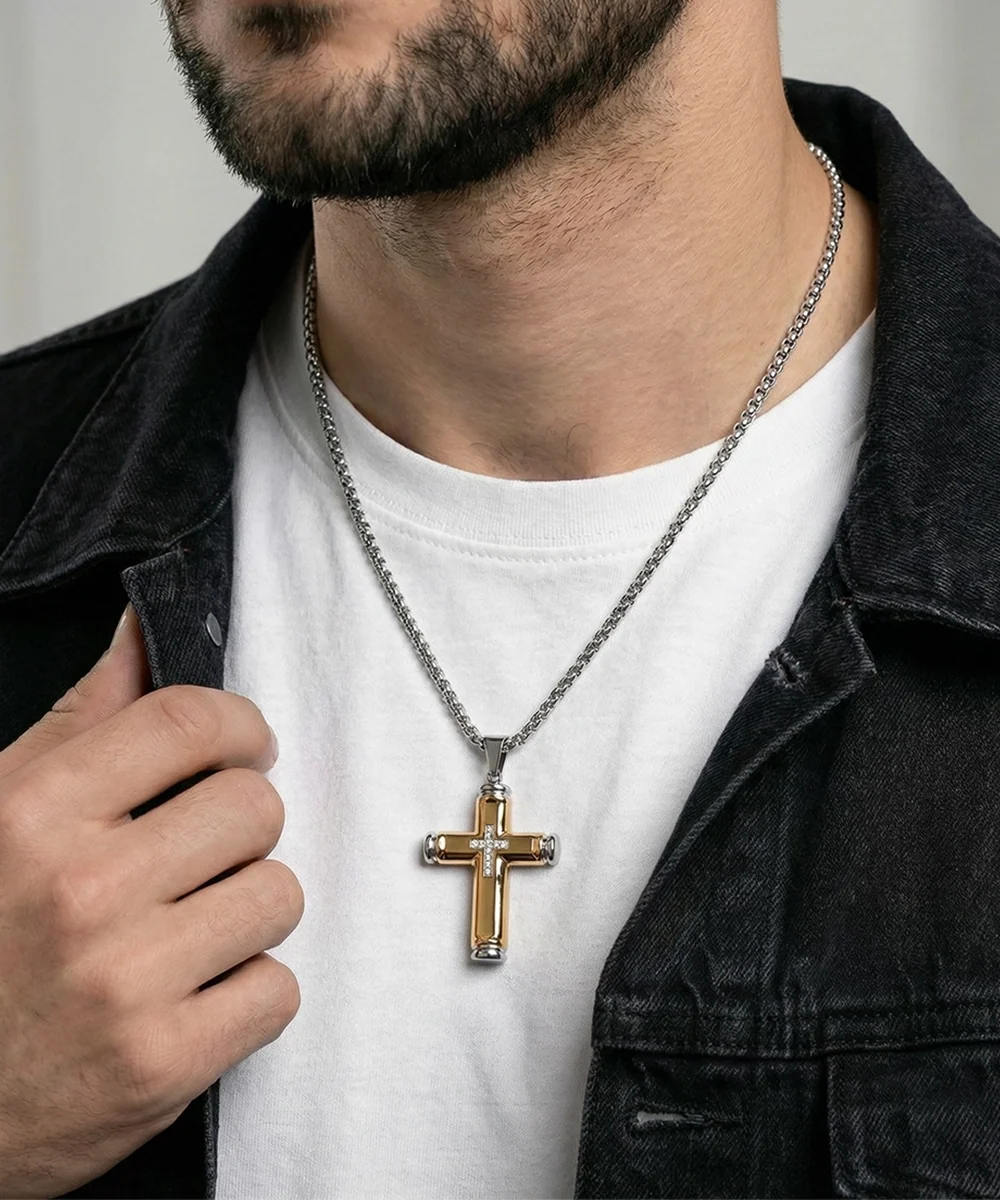 Men's stainless steel cross necklace with 24-inch round box chain