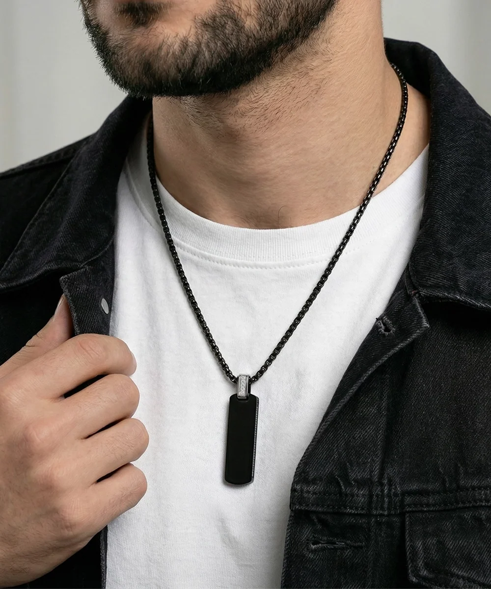 Men's stainless steel dog tag necklace with 23.6-inch round box chain