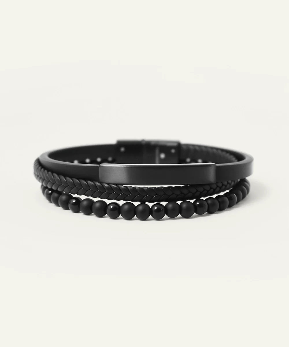 Men's triple band leather beaded bracelet by