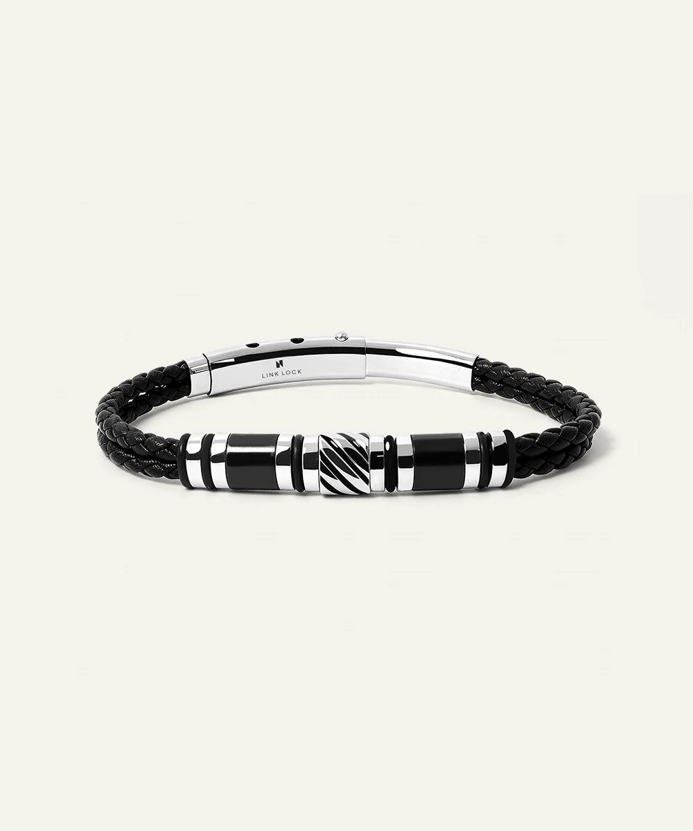 men's black leather bracelet with enamel and steel beads