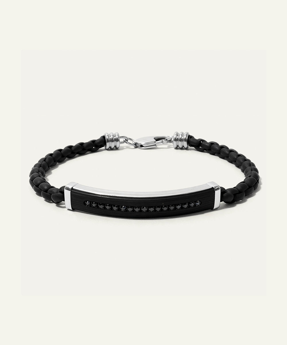 men's black leather and stainless steel CZ bracelet