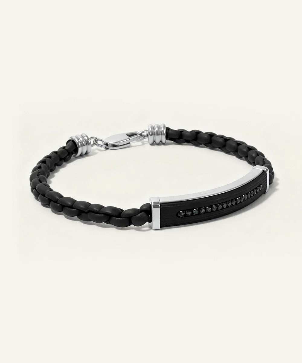 Men's leather bracelet with stainless steel and CZ detail