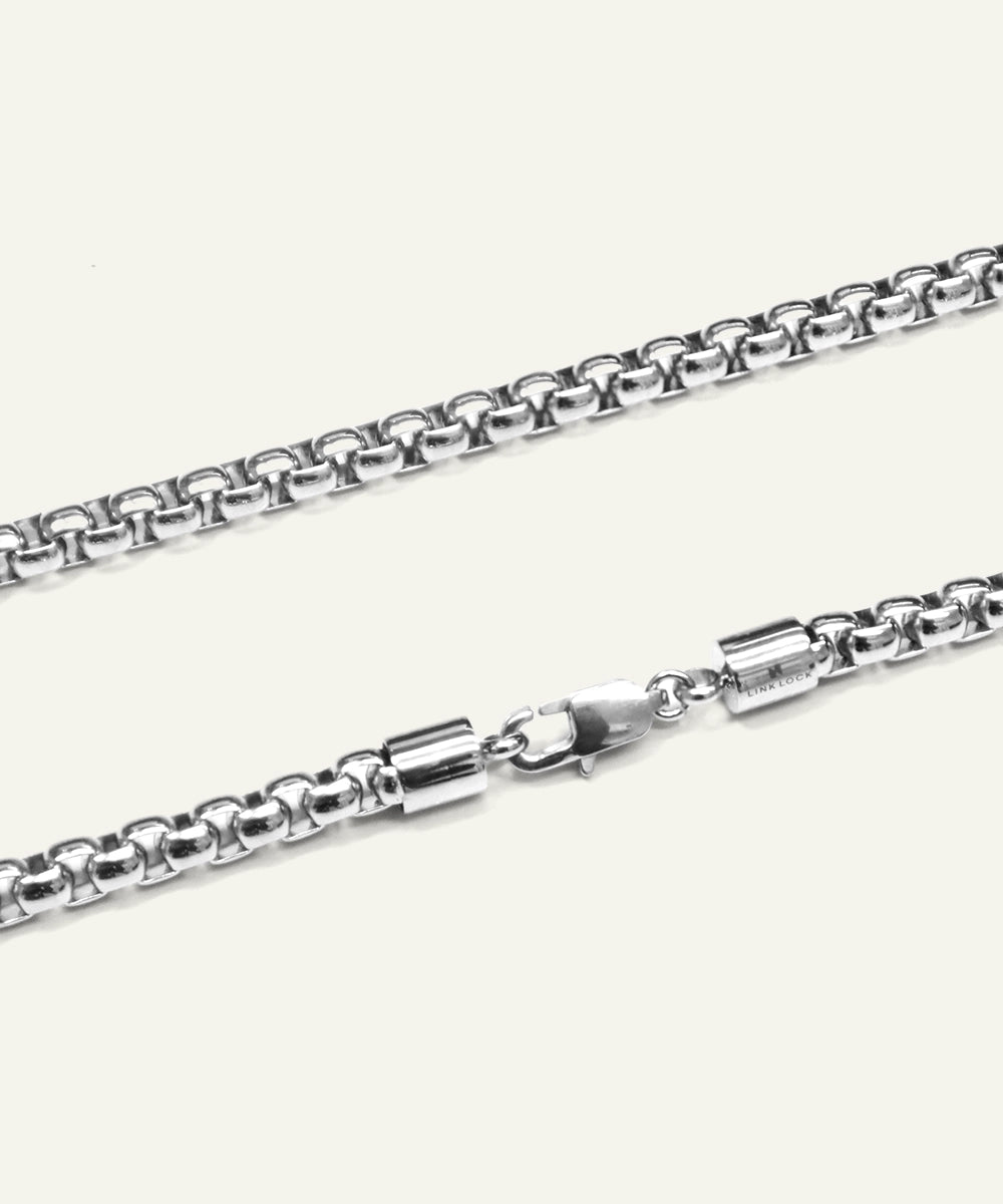 men's silver-toned stainless steel box chain necklace detailing clasp and logo end cap