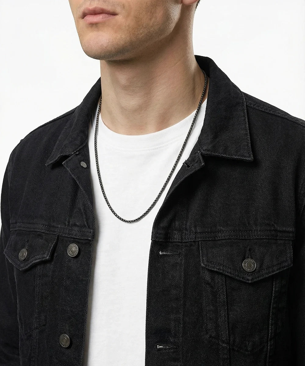men's black stainless steel box chain necklace on model wearing black denim jacket