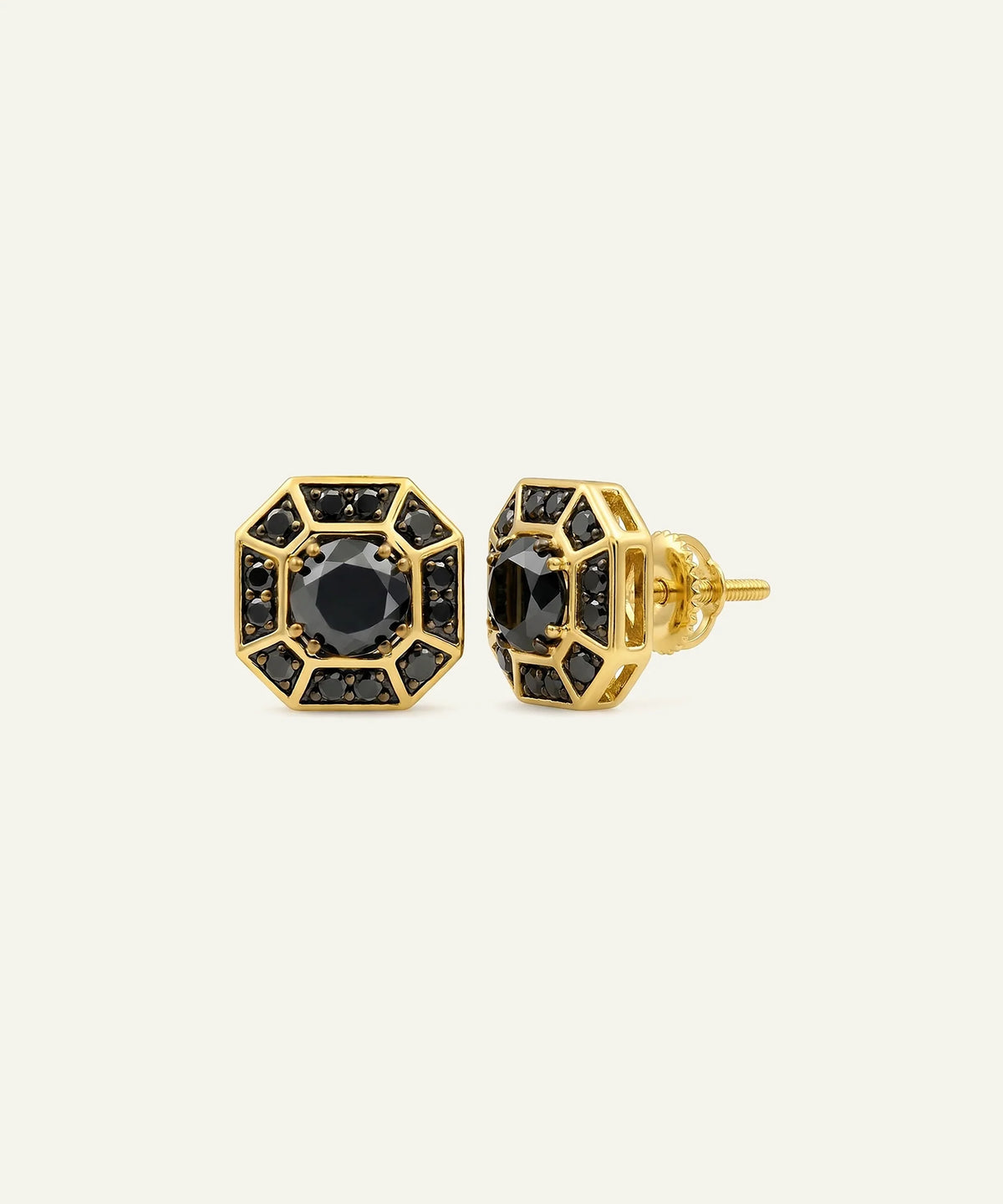 Close-up of men's Asscher black diamond studs in vermeil