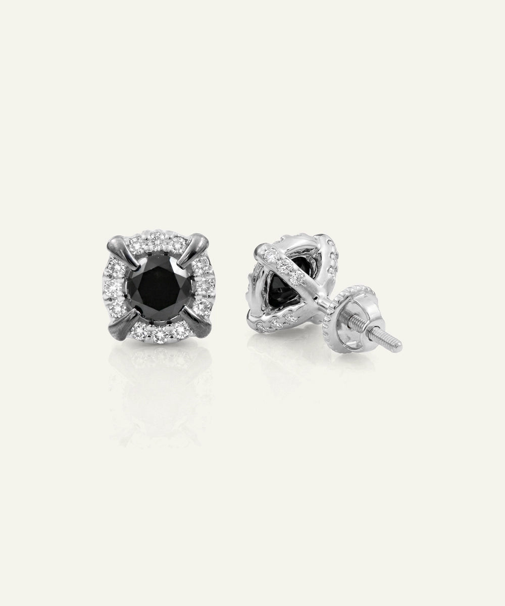 Close-up of black diamond cluster studs