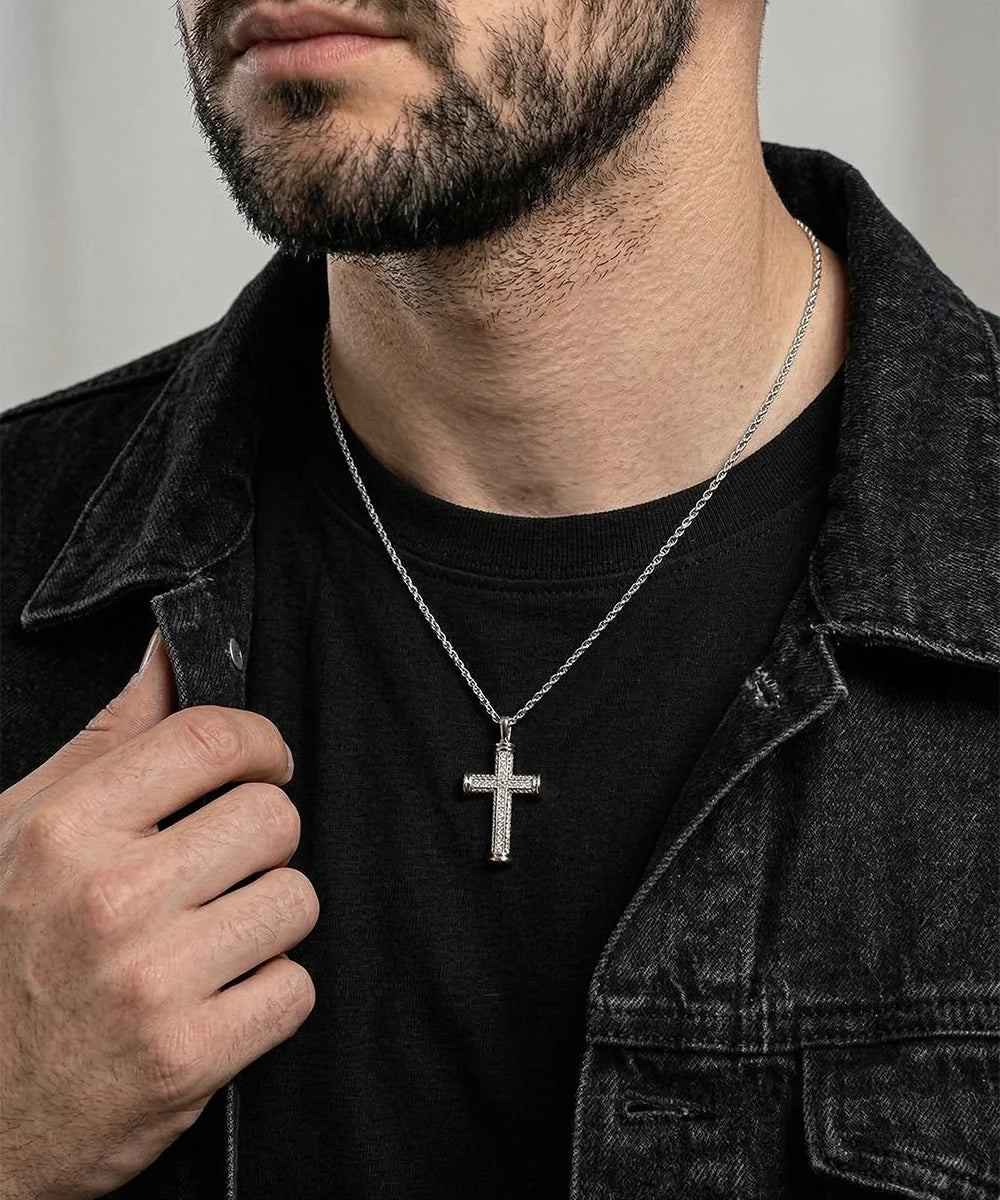 Silver cross pendant with round lab-grown diamonds for men